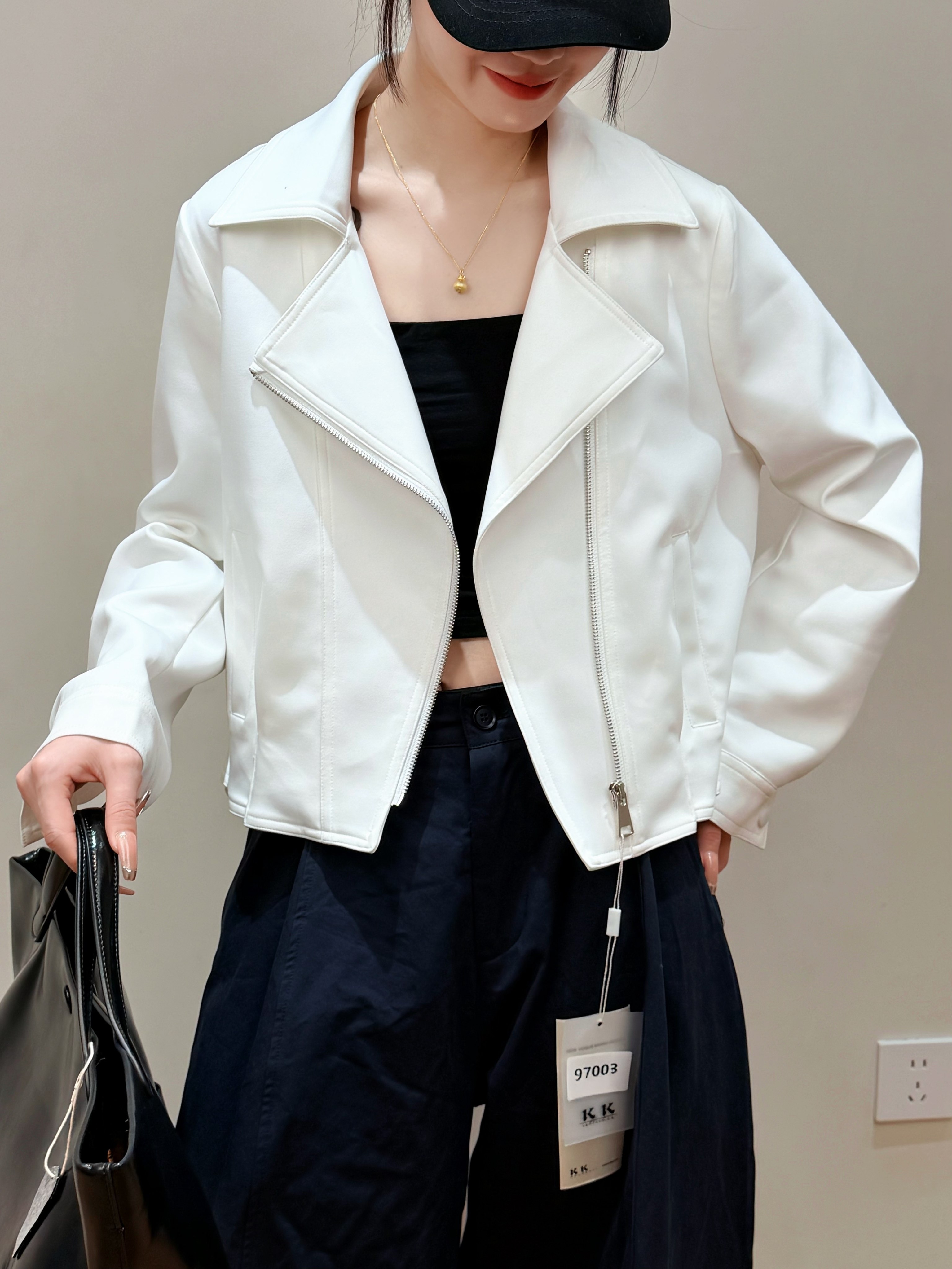 春季新款韩版气质百搭休闲显瘦翻领机车短款外套夹克上衣女 97003