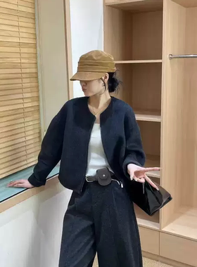 Y05韩版百搭圆领拉链短款双面羊毛大衣女春秋新款小个子毛呢外套