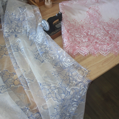 高档红线 蓝线勾花睫毛蕾丝面料服装拼接花边DIY连衣裙半身裙辅料