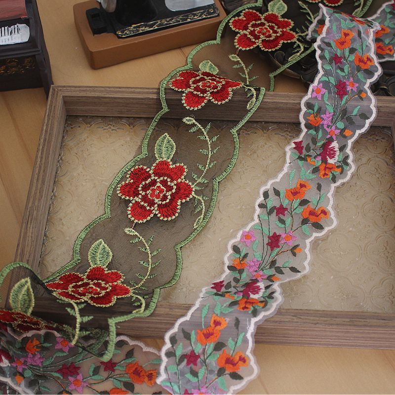 精美彩色网纱花朵锁边刺绣蕾丝花边DIY衣服裙边装饰服装辅料材料