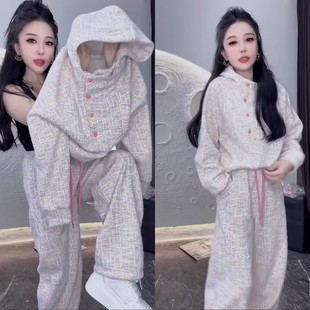 2025秋冬新款 套装 两件套 休闲减龄编织加绒连帽卫衣直筒弯刀裤 时尚