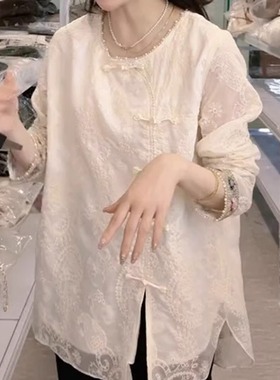 国风新中式盘扣高端蕾丝长袖衬衫早秋新款时尚气质百搭圆领上衣女