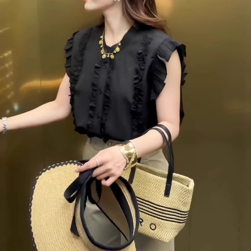 法式荷叶边黑色无袖衬衫女大码