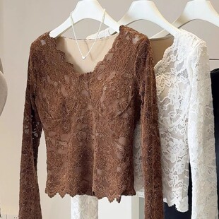低领蕾丝打底衫女内搭秋冬季加绒加厚交叉V领高级感短款网纱上衣