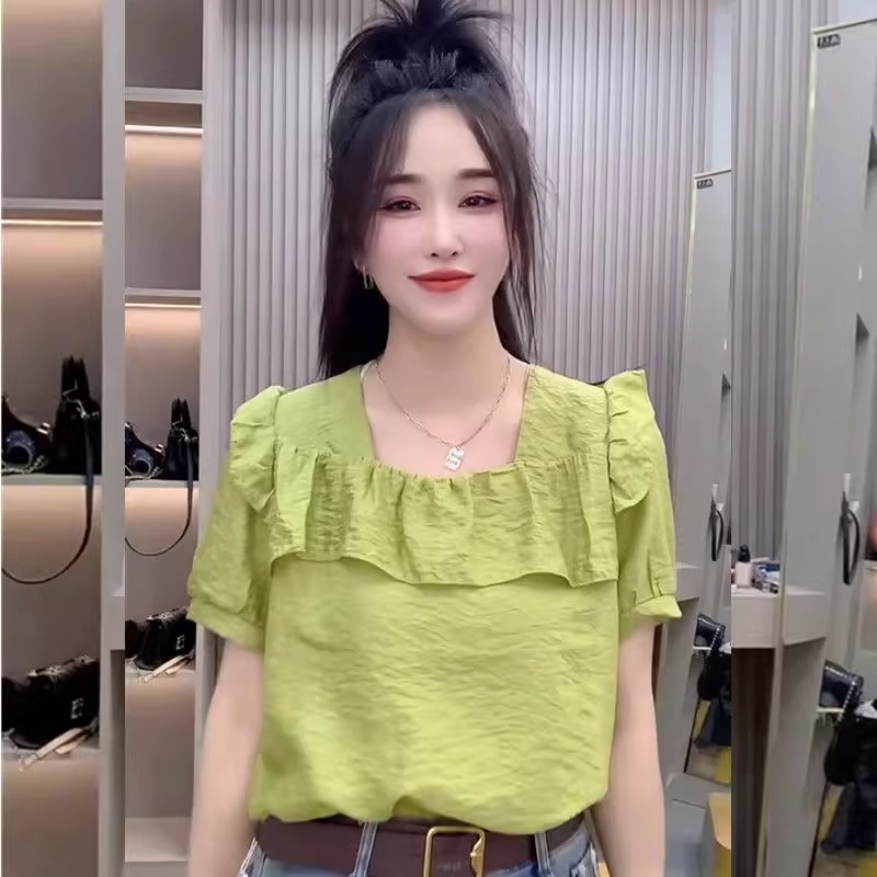 夏季网红爆款时尚减龄纯色娃娃领衬衫气质休闲简约通勤短袖上衣女