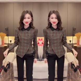 法式 新款 修身 显瘦韩版 拼色上衣 欧洲站时尚 格子衬衫 气质2025年秋季