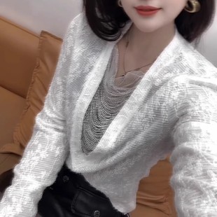 时尚 新款 潮流气质优雅洋气 白色提花设计感拼接上衣女2026春季 大码