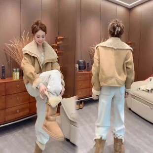 上衣 时尚 欧货大翻领高级感皮毛一体慵懒风短外套女2025年冬季 新款