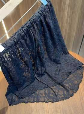 欧货2025春秋季蕾丝白色薄款侧开叉松紧腰半身裙不规则屁帘裙短裙