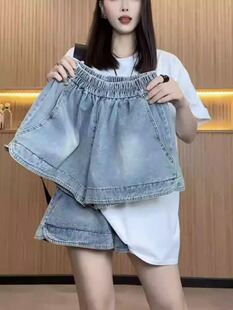 韩版松紧腰牛仔短裤女2026夏薄款宽松高腰显瘦大码A字阔腿热裤子