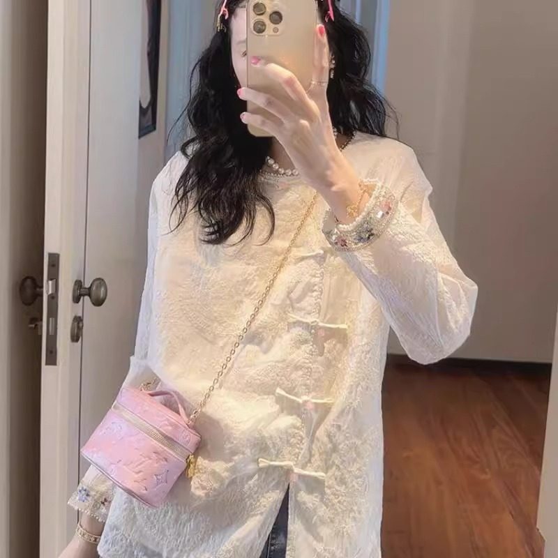 韩国东大门春秋新款精致刺绣复古盘扣新中式开叉圆领衬衫上衣女潮,女装/女士精品,衬衫,淘宝优惠券,粉丝福利购,淘宝优惠卷