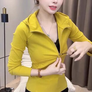 欧洲站2025年春秋连帽长袖纯棉T恤女收腰显瘦黑色上衣百搭打底衫