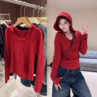 t恤女小众修身 欧货2026年春季 红色连帽长袖 时尚 百搭纯色上衣 新款