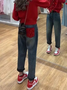 加绒小个子高腰显瘦哈伦老爹裤 秋冬季 子潮 女2025年新款 直筒牛仔裤