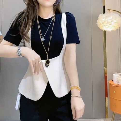 夏季法式高级感假两件短袖T恤女
