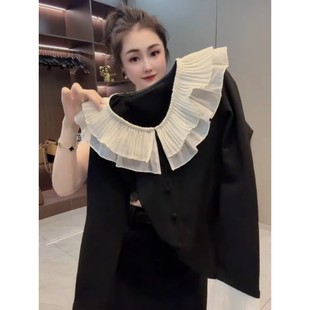 气质修身 上衣女2026早春新款 百搭T恤 温柔双层荷叶领长袖 欧货法式