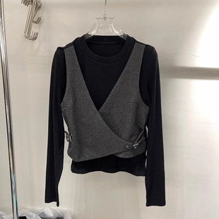 圆领拼接撞色百搭假两件长袖 时尚 T恤打底上衣 新款 欧洲站2025秋季