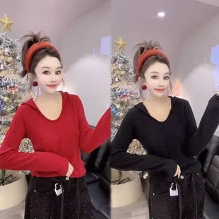 显瘦长袖 洋气百搭修身 T恤 女2026早春新款 欧货纯色休闲连帽套头衫