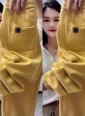 小个子黄色加绒加厚束脚裤2025年秋冬季新款舒适休闲裤百搭运动裤