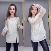 女2025秋季 新款 重工刺绣高级感盘扣开叉中长款 国风衬衫 上衣打底衫