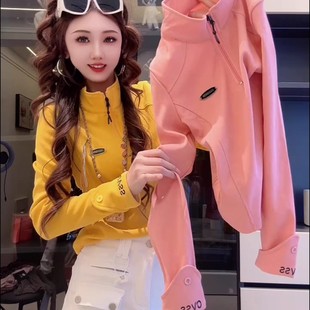 洋气百搭显瘦时尚 T恤女修身 打底上衣 半拉链立领长袖 欧货秋冬新款