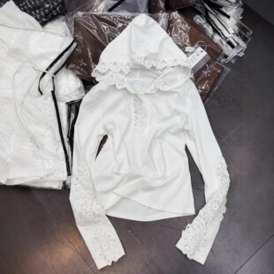 十三行纯欲风蕾丝拼接连帽长袖 T恤女早秋小众设计感别致打底上衣