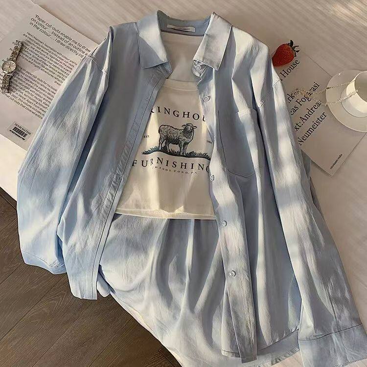 防晒浅蓝色衬衫女多巴胺夏季款内搭叠穿宽松休闲百搭衬衣外穿开衫