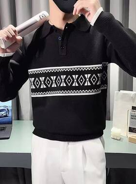 潮牌翻领毛衣男秋冬季长袖打底衫