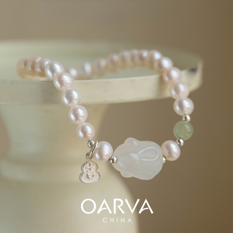 OARVA天然淡水珍珠手链减龄玉兔手串古风福牌手饰女转运祝福礼物