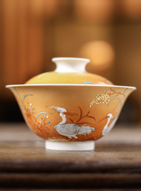 【霖溪聖甫 矾红堆白鹤趣盖碗】景德镇手绘釉下干泡壶承品茗杯