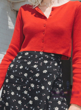 春季新款brandy melville纯色长袖短款红色针织衫前排扣T恤小外套