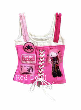 【AGD】RedDevil亚文化y2k千禧复古风拼接绑带背心不规则撞色上衣