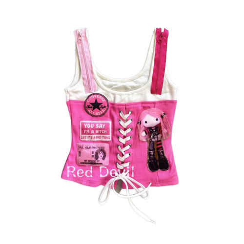 【AGD】RedDevil亚文化y2k千禧复古风拼接绑带背心不规则撞色上衣