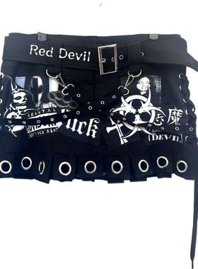 【AGD】RedDevil朋克风亚文化绑带视觉系工装贴布金属气眼短裙