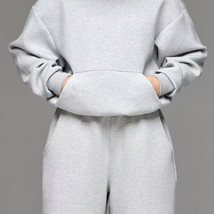 【AGD】6CRAYON灰色太空棉短宽重磅宽松质感高弹圆领花灰卫衣