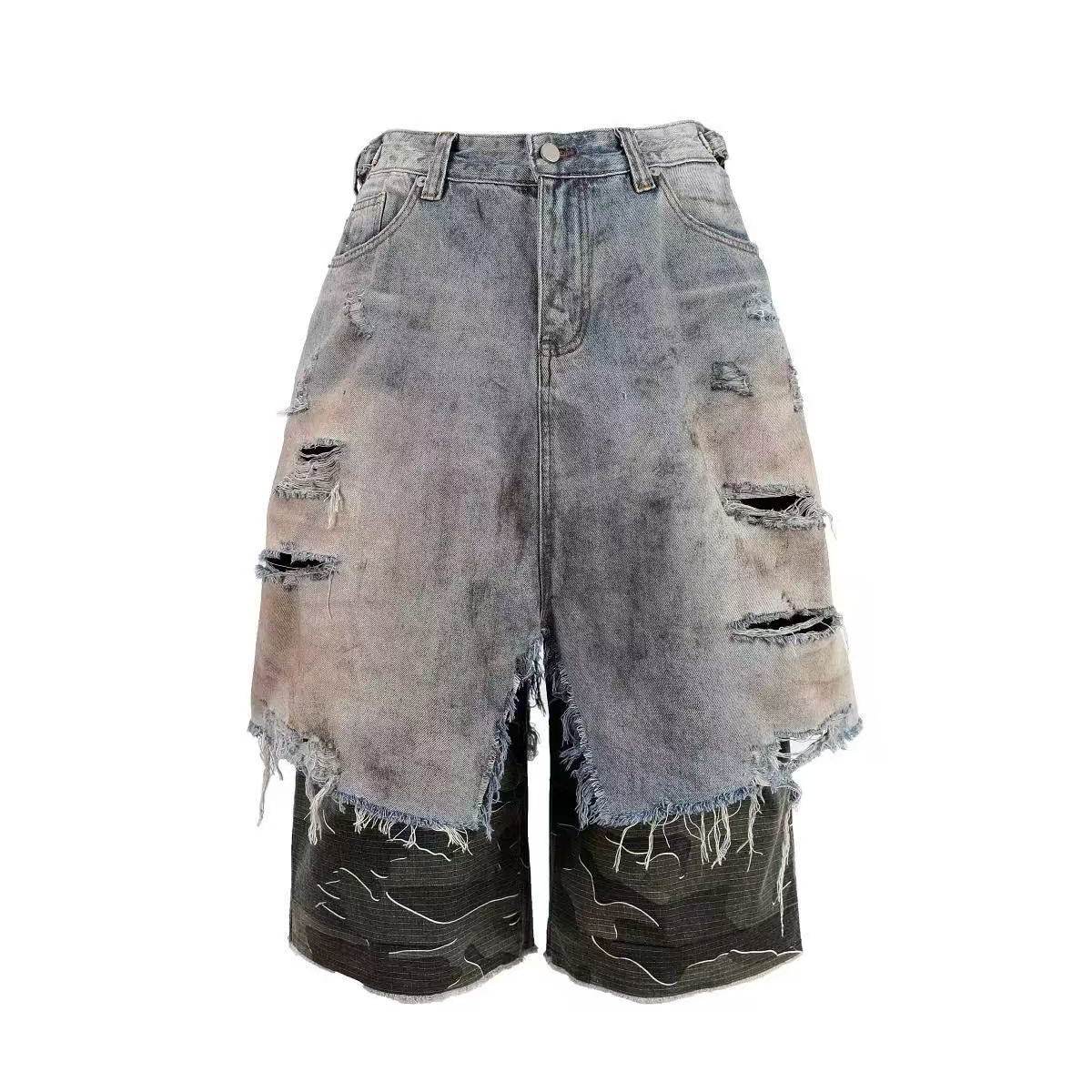 【AGD】YBSREMAKE迷彩拼接破坏做旧水洗牛仔短裤休闲七分裤子