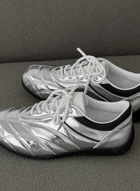 复古足球德训鞋男鞋斜系带银色赛车鞋男士2025新款平底休闲板鞋子