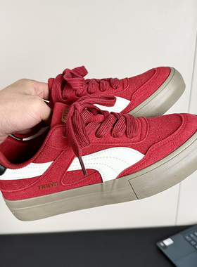 2025新款冬季面包鞋拼色德训鞋男款大红色厚底休闲板鞋小众百搭鞋