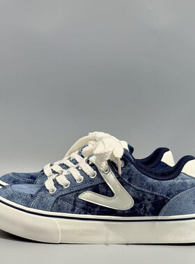 美式复古板鞋男鞋冬季蓝色水洗布帆布鞋百搭学生休闲鞋小众男鞋子