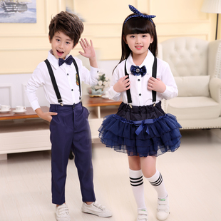 儿童合唱演出服背带裤套装长袖中小学生校服表演服男女童朗诵服装