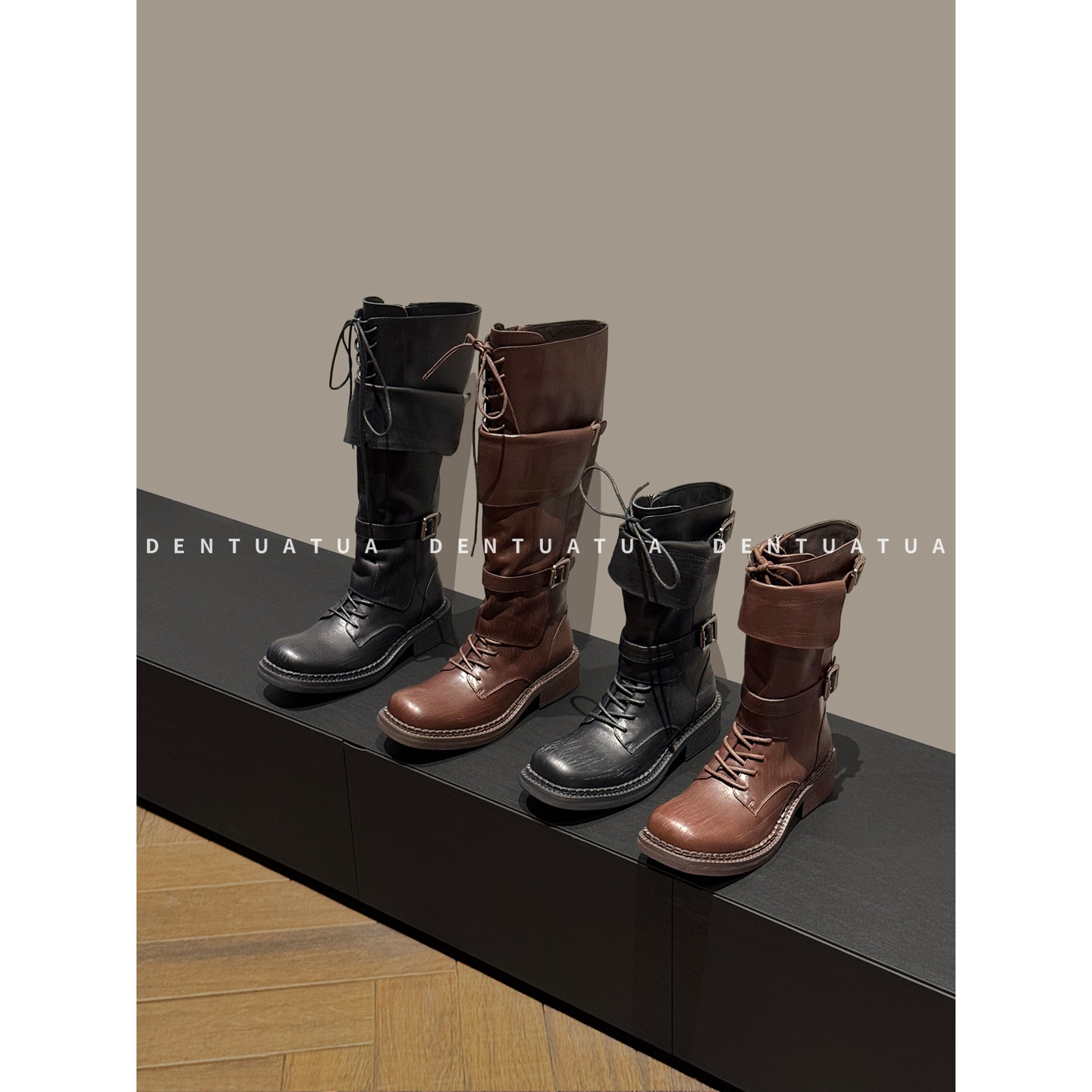 DENTUATUA 独特色落的氧化层！25FW皮带扣做旧短筒骑士高筒长靴女