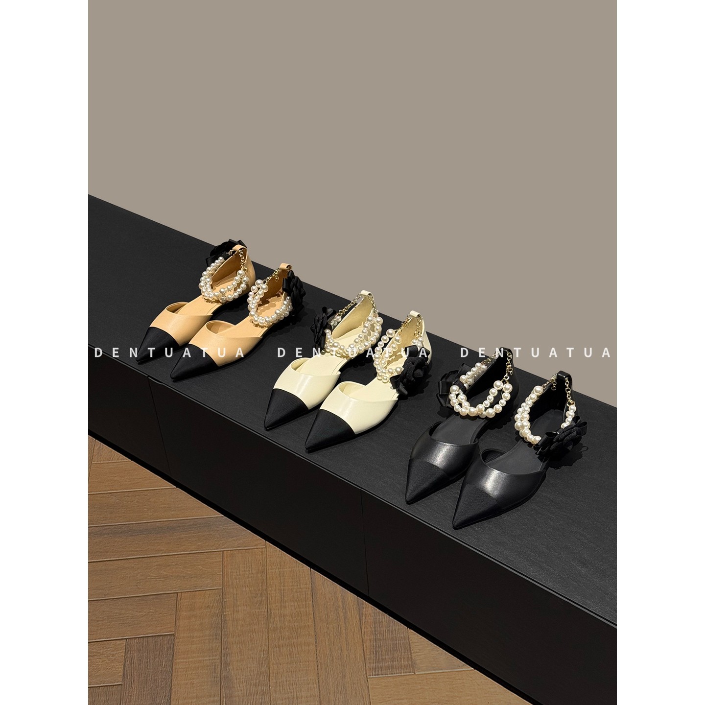 DENTUATUA 连接时空的优雅信物！25FW 尖头珍珠链条平底凉鞋 女,女鞋,时装凉鞋,淘宝优惠券,粉丝福利购,淘宝优惠卷