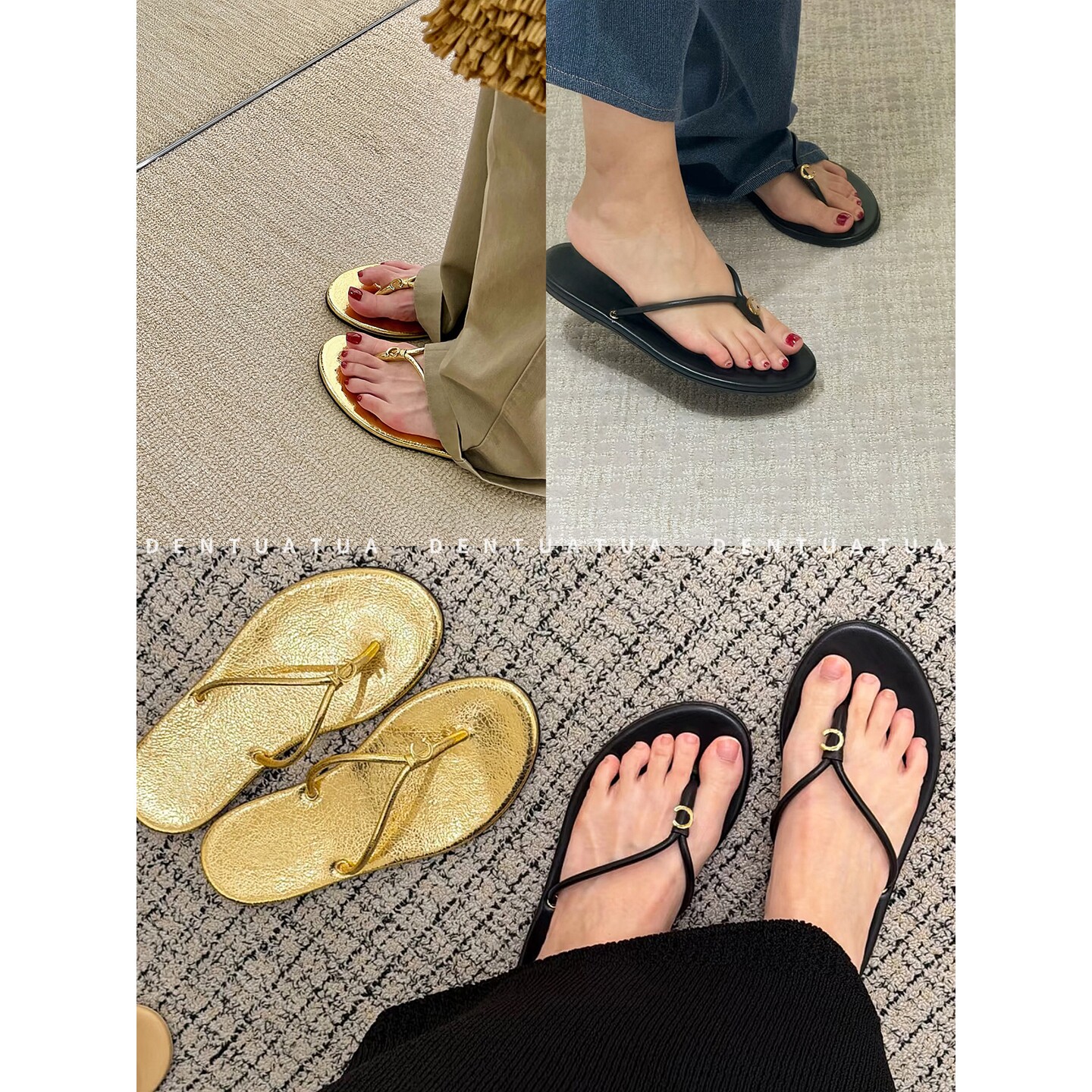 DENTUATUA 漫不经心的潮酷！26ss 金属扣平底夹趾人字凉拖鞋 女