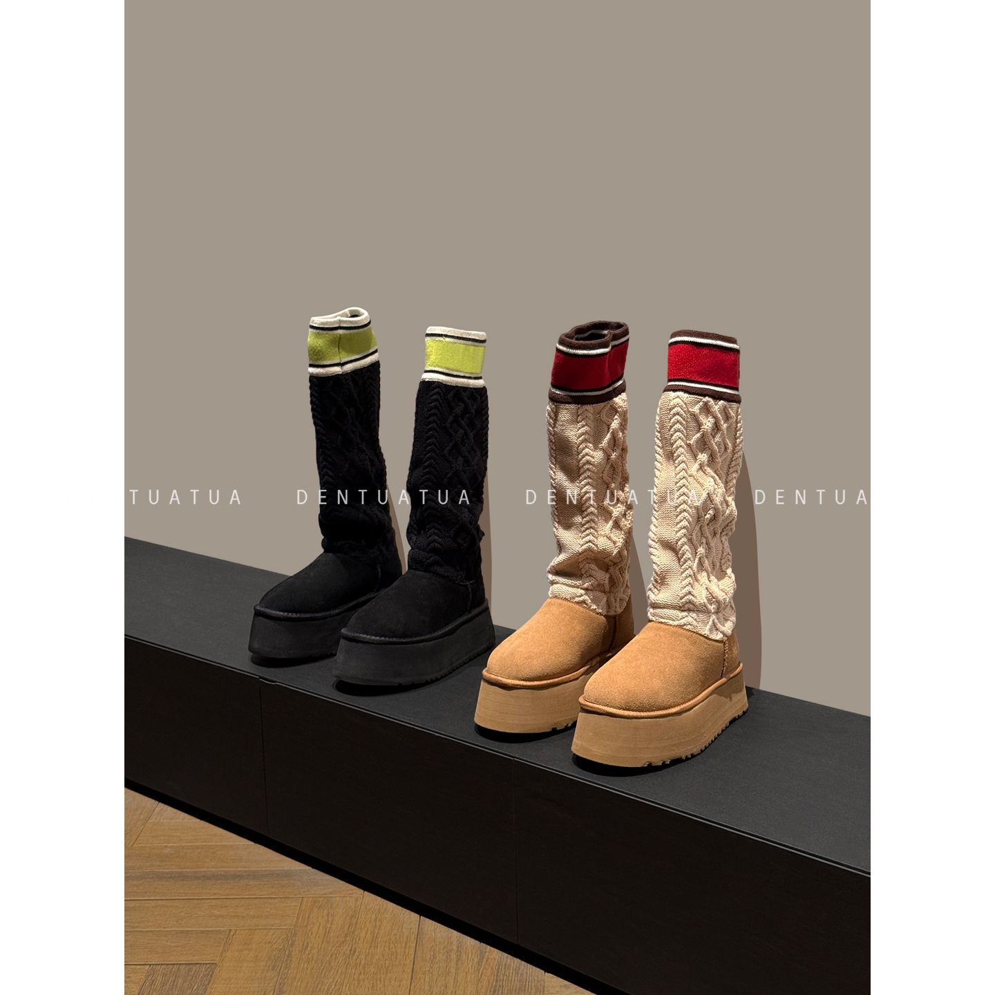 DENTUATUA释放快乐因子！25FW皮毛一体厚底毛线袜靴高筒雪地靴女