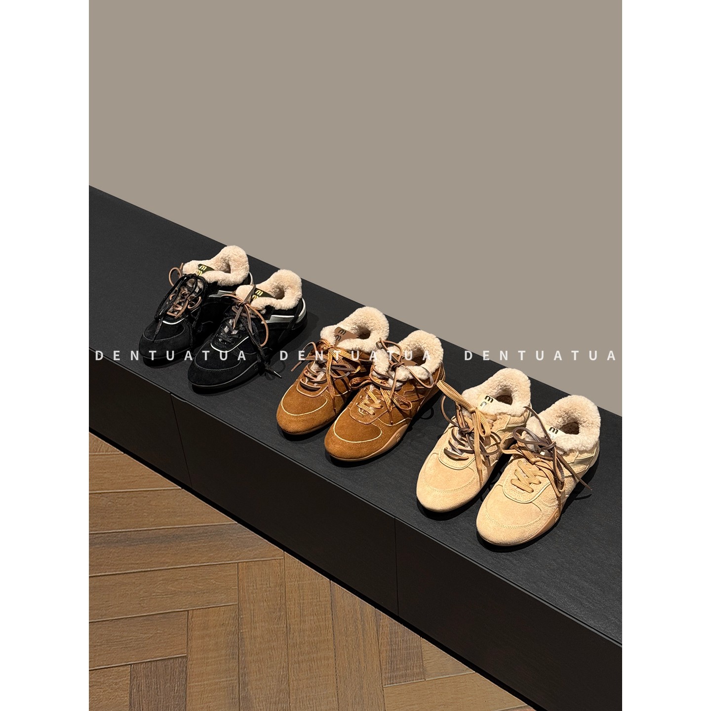 DENTUATUA 暖冬调色盘！25FW 羊羔毛平底系带休闲德训鞋 女,女鞋,德训鞋,淘宝优惠券,粉丝福利购,淘宝优惠卷