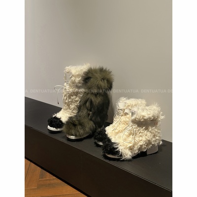 DENTUATUA 乞丐流行靴~博主自留款！25s增高系带粗跟毛毛雪地靴女