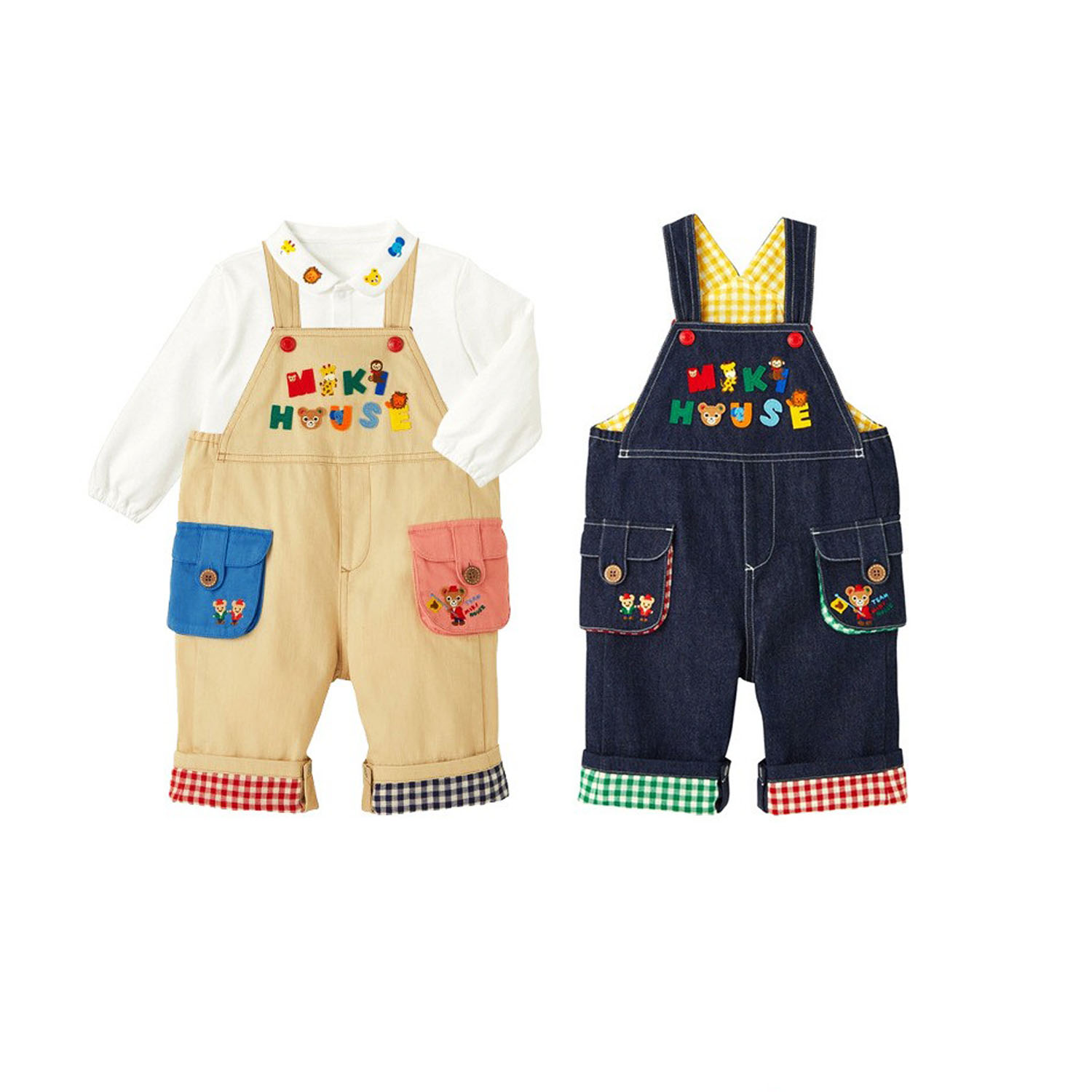 日系miki童装 秋男女儿童卡通小熊好朋友字母刺绣牛仔背带裤长裤