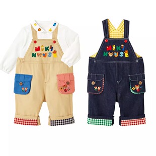 日系miki童装 秋男女儿童卡通小熊好朋友字母刺绣牛仔背带裤长裤