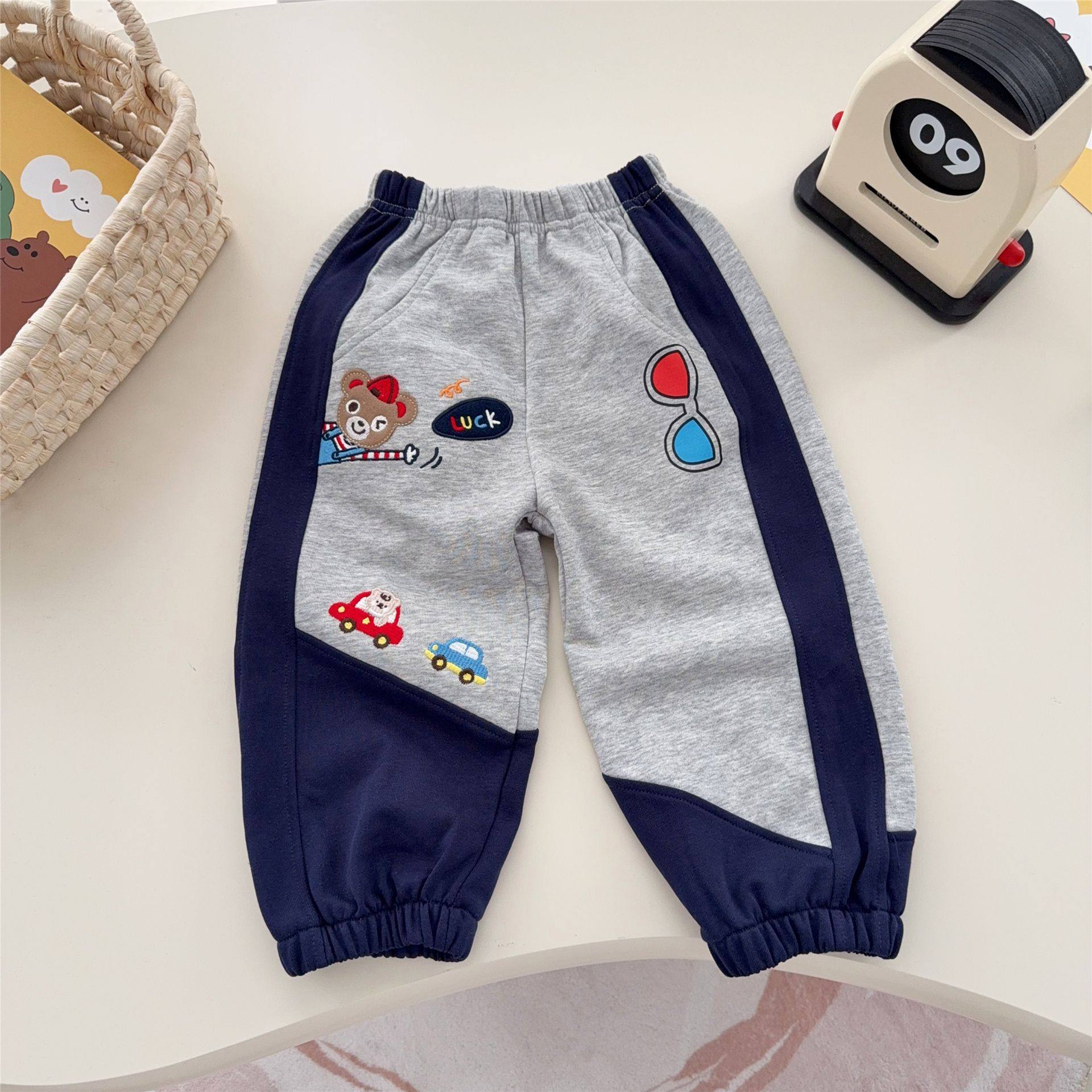 日系miki儿童全棉长裤 26春新款男女童卡通小熊拼色卫裤毛圈裤子