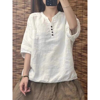 2026夏季新款文艺棉麻刺绣立领衬衫女宽松百搭显瘦五分袖薄款衬衣